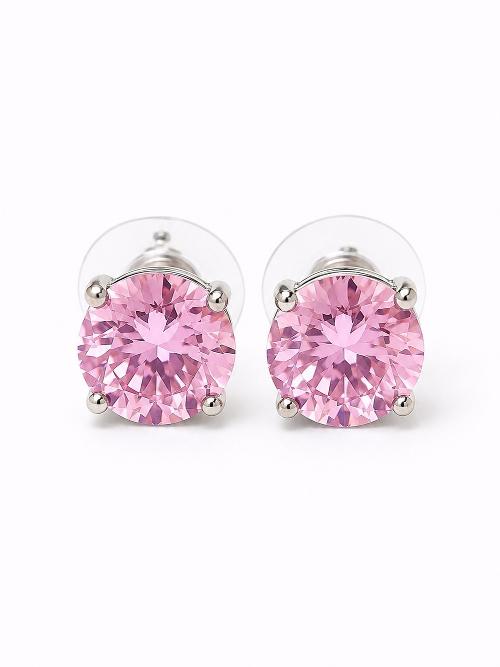 Pink Round Crystal Stud Earrings Silver Tone Sparkly Statement